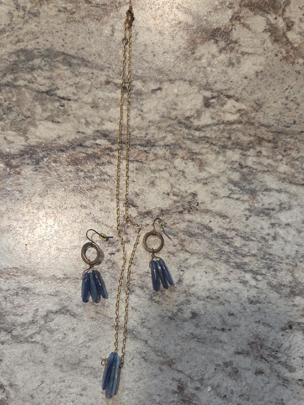 Gold-Tone Necklace and Earring Set with Blue Teardrop Pendants